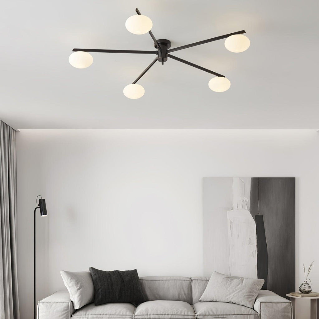 Lámpara de techo con globos de cristal ovalados y brazos delgados – Diseño moderno de perfil bajo para techos bajos en negro o latón – Casquillo G9 –