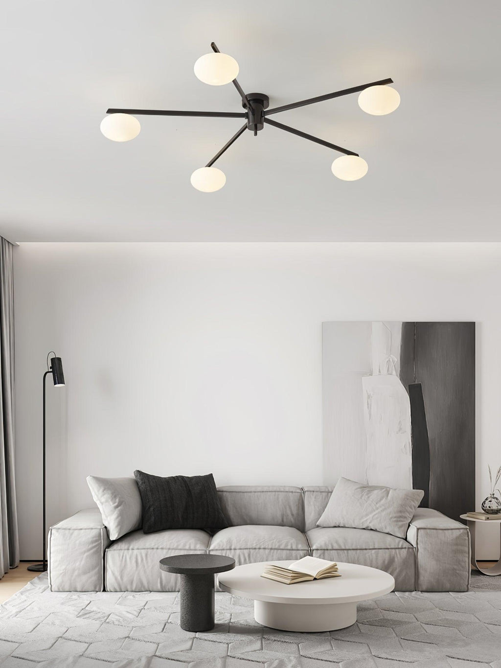 Lámpara de techo con globos de cristal ovalados y brazos delgados – Diseño moderno de perfil bajo para techos bajos en negro o latón – Casquillo G9 –