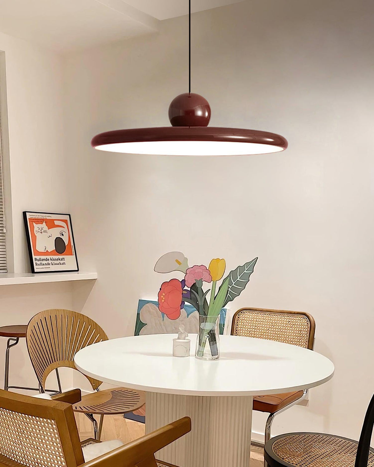 Lámpara de techo colgante redonda con diseño de disco radiante, regulable, 3 colores, cable de 450 cm, estilo escandinavo para interiores, rojo,