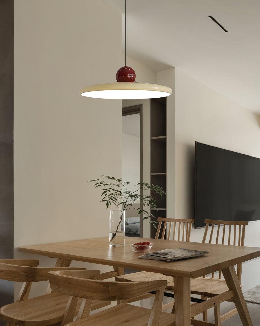Lámpara de techo colgante redonda con diseño de disco radiante, regulable, 3 colores, cable de 450 cm, estilo escandinavo para interiores, rojo,