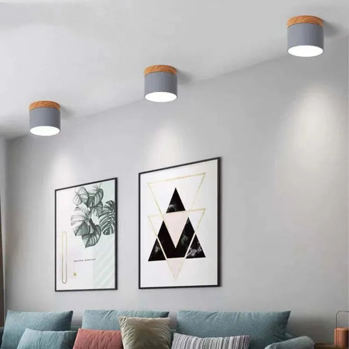 Lámpara de techo LED moderna | Cilindro negro con marco de madera