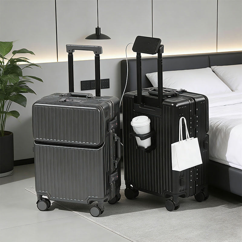 Maleta de viaje rígida con múltiples compartimentos y diseño elegante