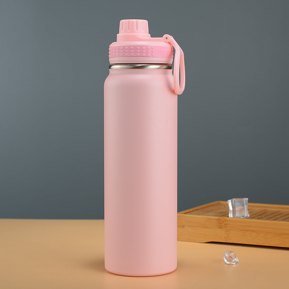 Botella de agua de acero inoxidable de doble pared con aislamiento al vacío, boca ancha, tapa de rosca a prueba de fugas y asa de transporte