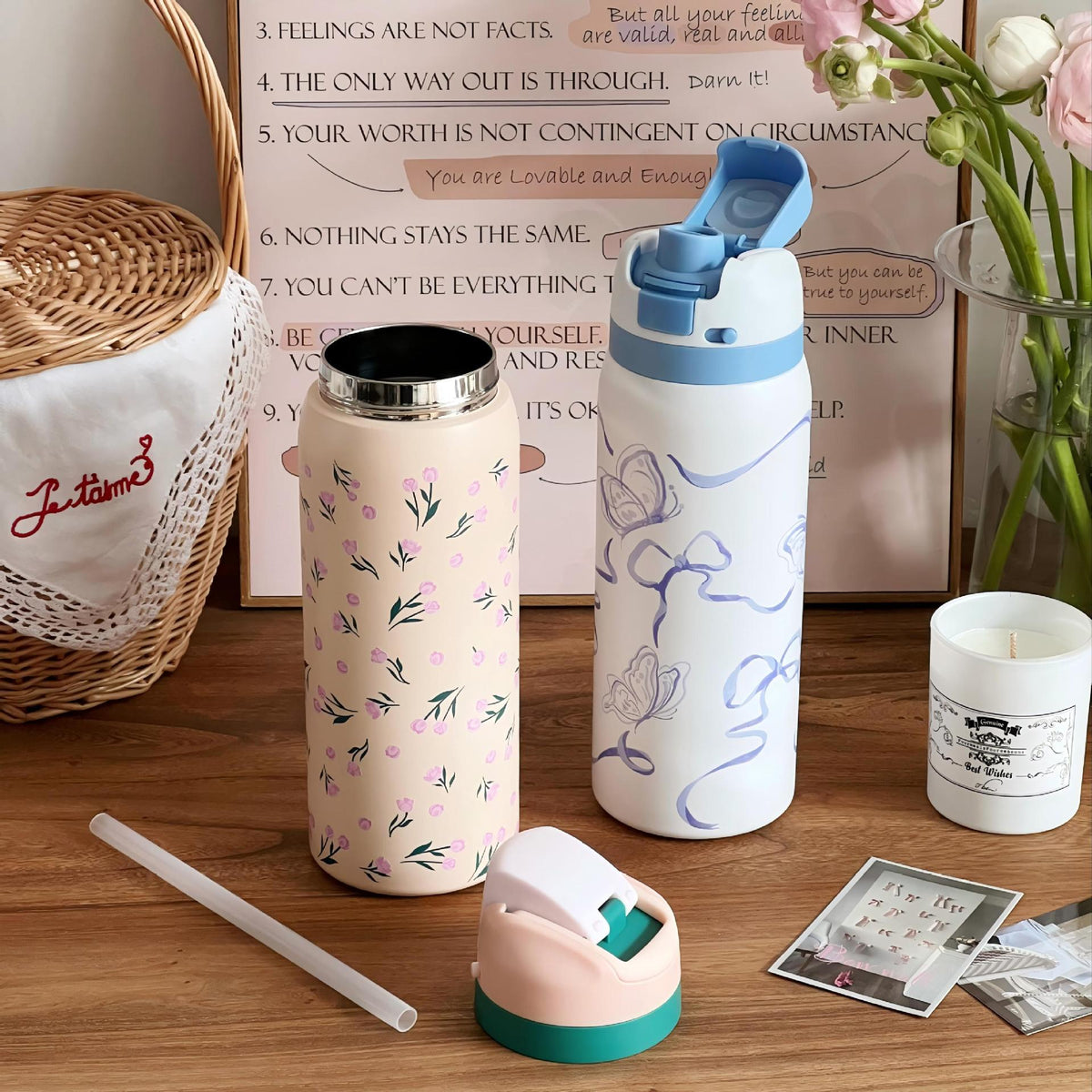 Botella de agua isotérmica para mujer con diseño floral