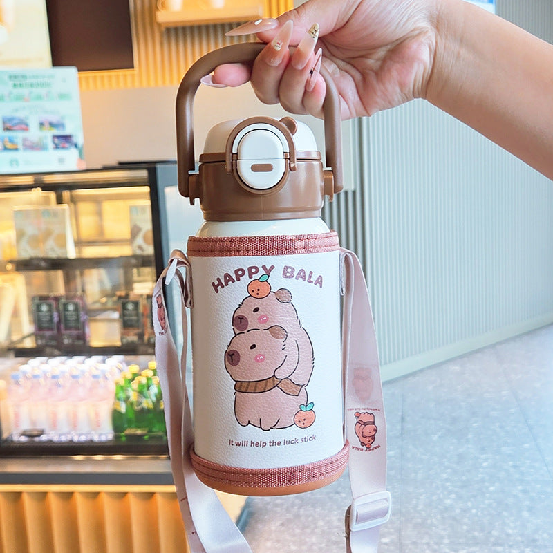Botella de agua isotérmica con práctica correa de transporte y bonito diseño de animales