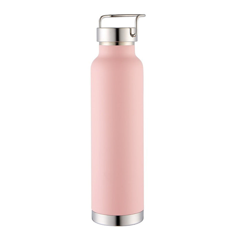 Botella de agua de acero inoxidable con doble pared y aislamiento al vacío, con tapa de transporte con cierre giratorio.