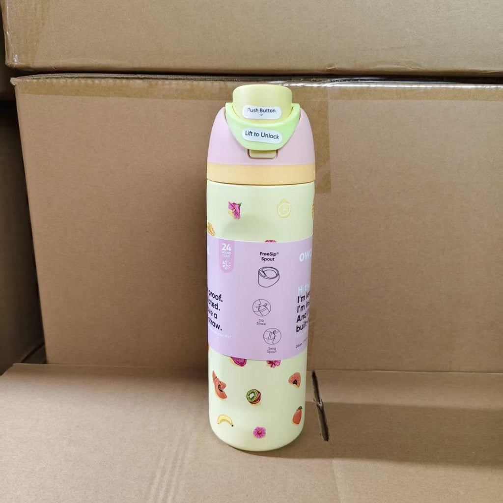 Botella de agua aislada al vacío de acero inoxidable con tapa abatible de un solo toque y cierre de seguridad a prueba de fugas.