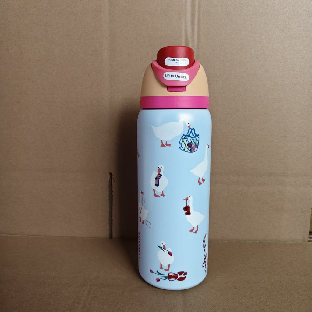 Botella de agua aislada al vacío de acero inoxidable con tapa abatible de un solo toque y cierre de seguridad a prueba de fugas.