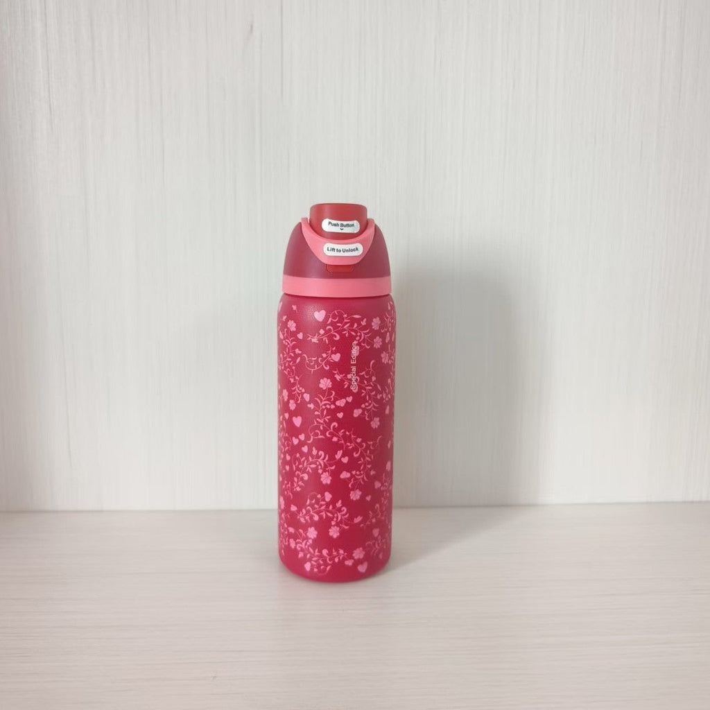Botella de agua aislada al vacío de acero inoxidable con tapa abatible de un solo toque y cierre de seguridad a prueba de fugas.