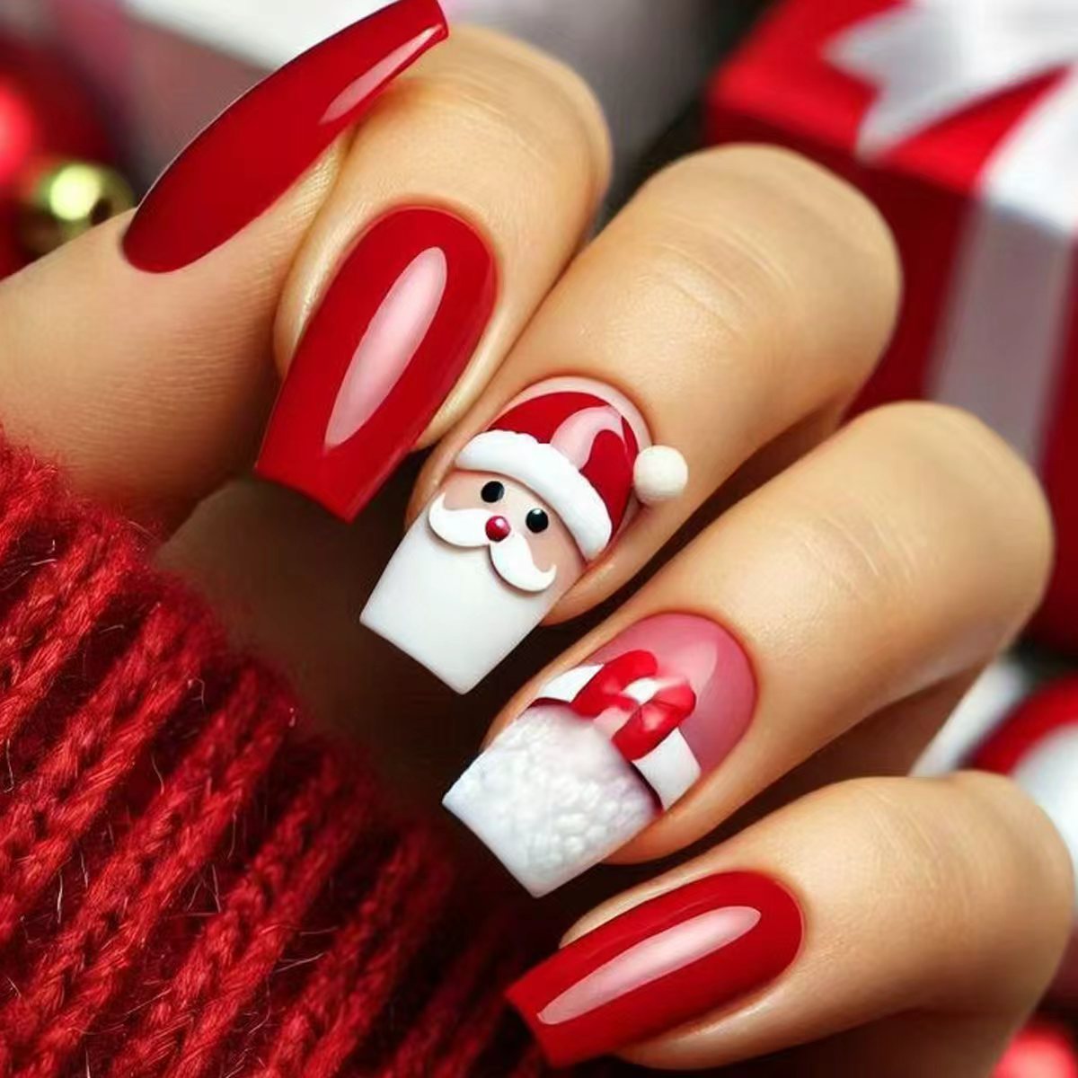 Diseño de uñas 3D de Papá Noel con temática navideña