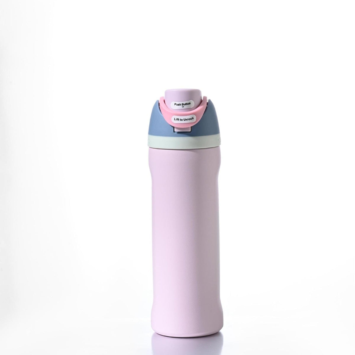 Botella de agua aislada al vacío de acero inoxidable con tapa abatible de un solo toque y cierre de seguridad a prueba de fugas.