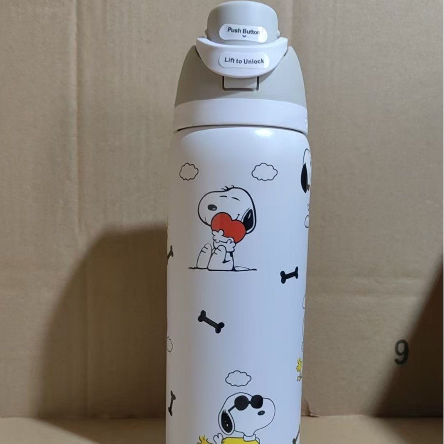 Botella de agua aislada al vacío de acero inoxidable con tapa abatible de un solo toque y cierre de seguridad a prueba de fugas.