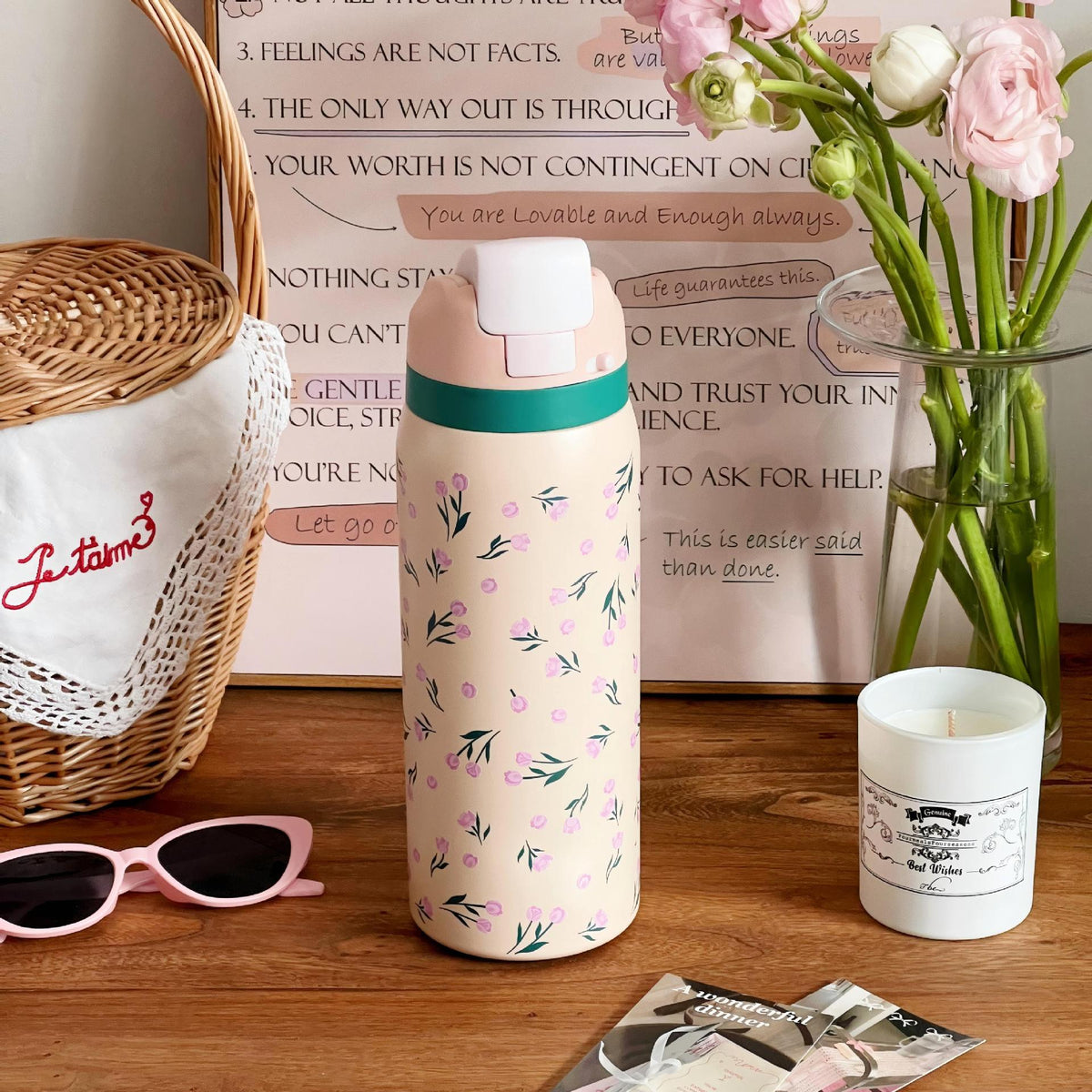 Botella de agua isotérmica para mujer con diseño floral