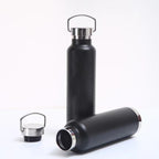Botella de agua de acero inoxidable con doble pared y aislamiento al vacío, con tapa de transporte con cierre giratorio.