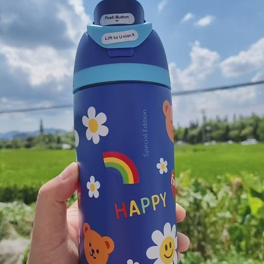 Botella de agua aislada al vacío de acero inoxidable con tapa abatible de un solo toque y cierre de seguridad a prueba de fugas.
