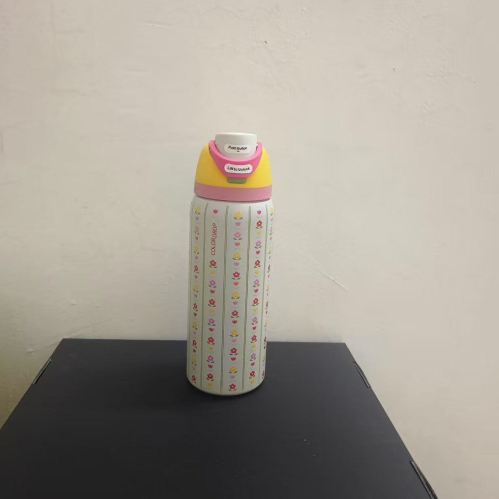 Botella de agua aislada al vacío de acero inoxidable con tapa abatible de un solo toque y cierre de seguridad a prueba de fugas.
