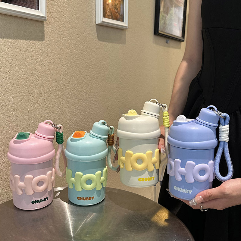 Botella de agua isotérmica para mujer con asa ergonómica y diseño alegre
