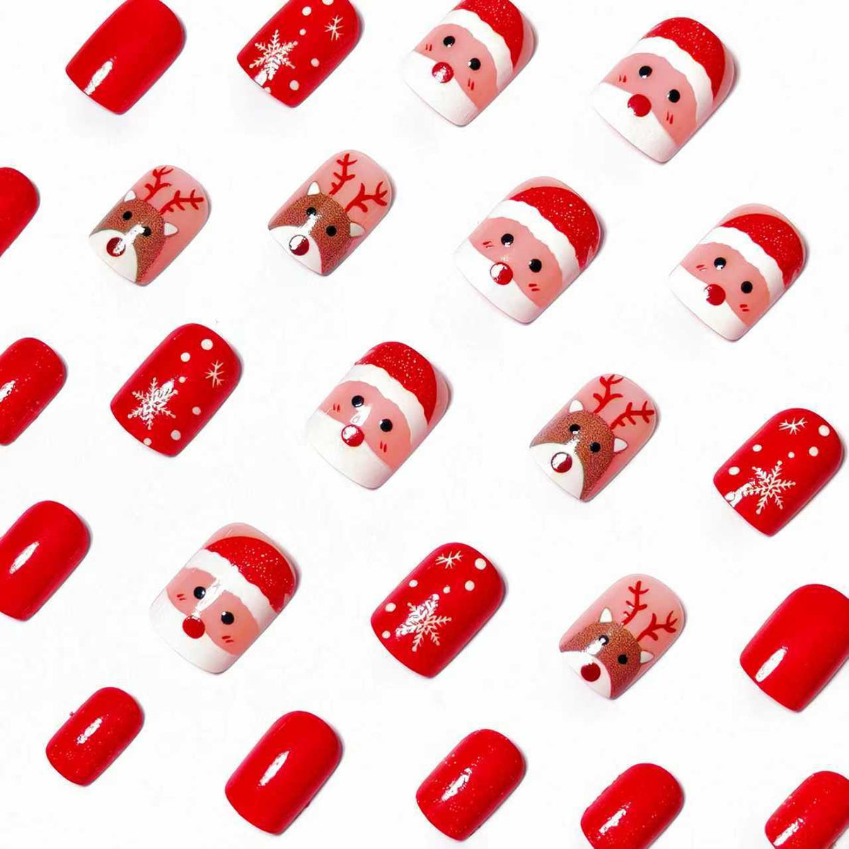 Diseño festivo de uñas en 3D de renos y Papá Noel