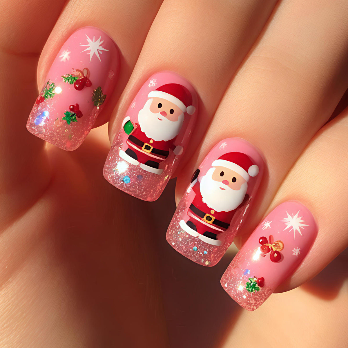 Diseño festivo de uñas de Papá Noel en 3D