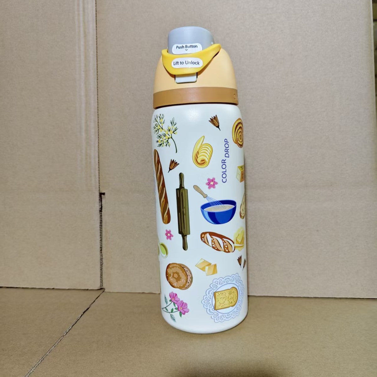 Botella de agua aislada al vacío de acero inoxidable con tapa abatible de un solo toque y cierre de seguridad a prueba de fugas.