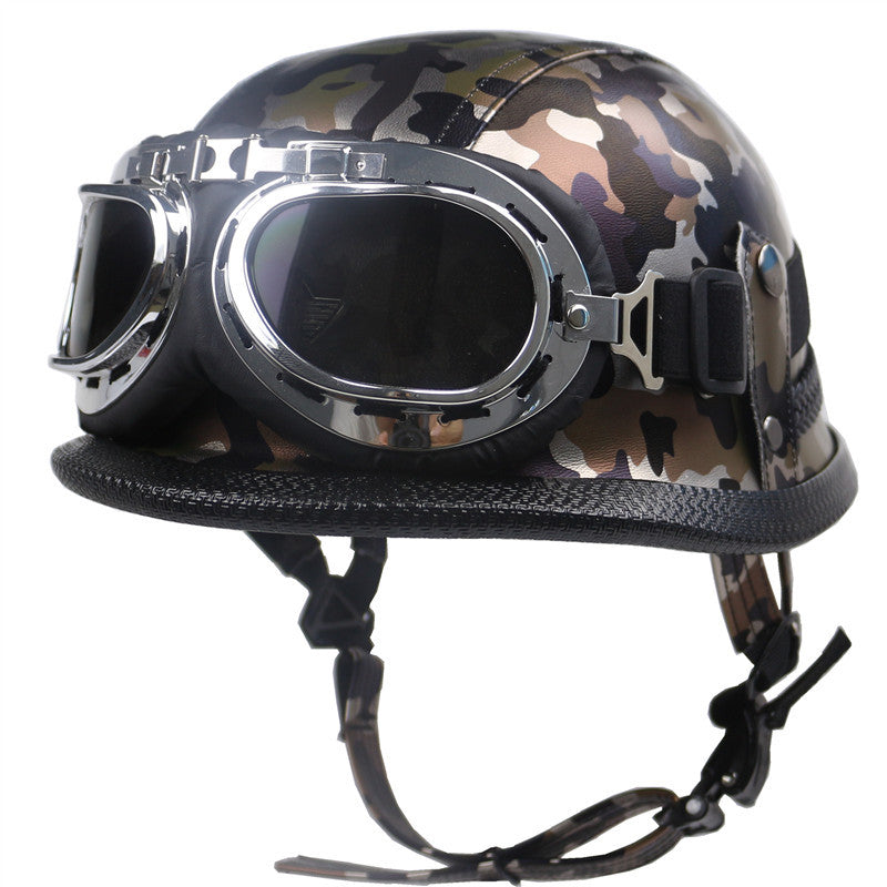 Casco de motocicleta de cuero vintage con gafas