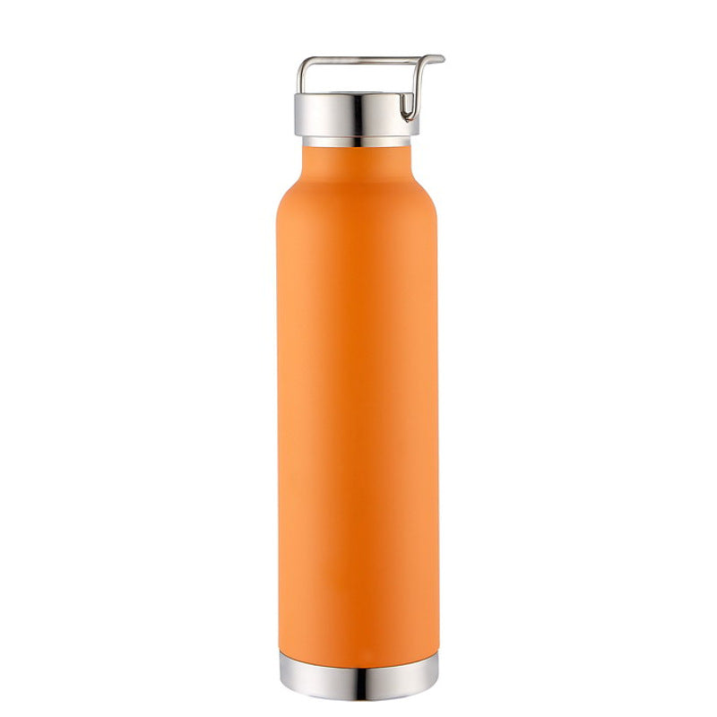 Botella de agua de acero inoxidable con doble pared y aislamiento al vacío, con tapa de transporte con cierre giratorio.