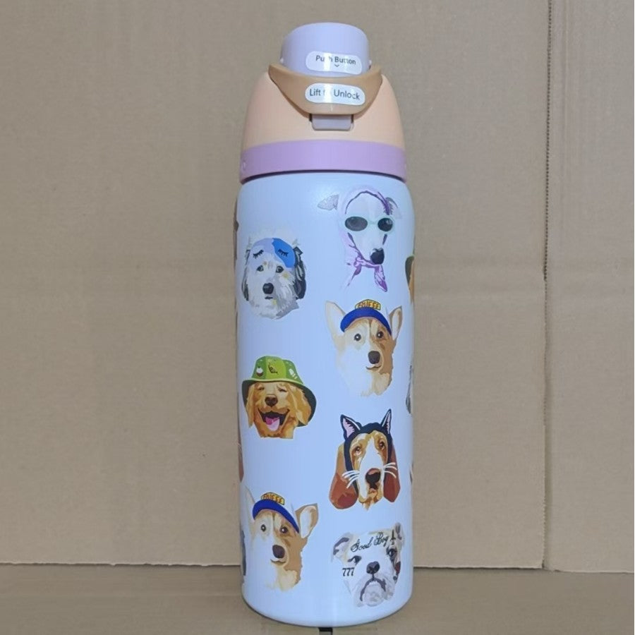 Botella de agua aislada al vacío de acero inoxidable con tapa abatible de un solo toque y cierre de seguridad a prueba de fugas.
