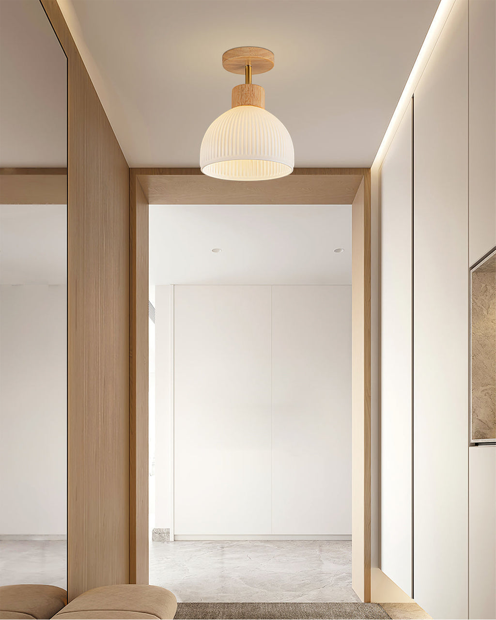 Lámpara de techo escandinava | Diseño de cúpula de madera y cristal