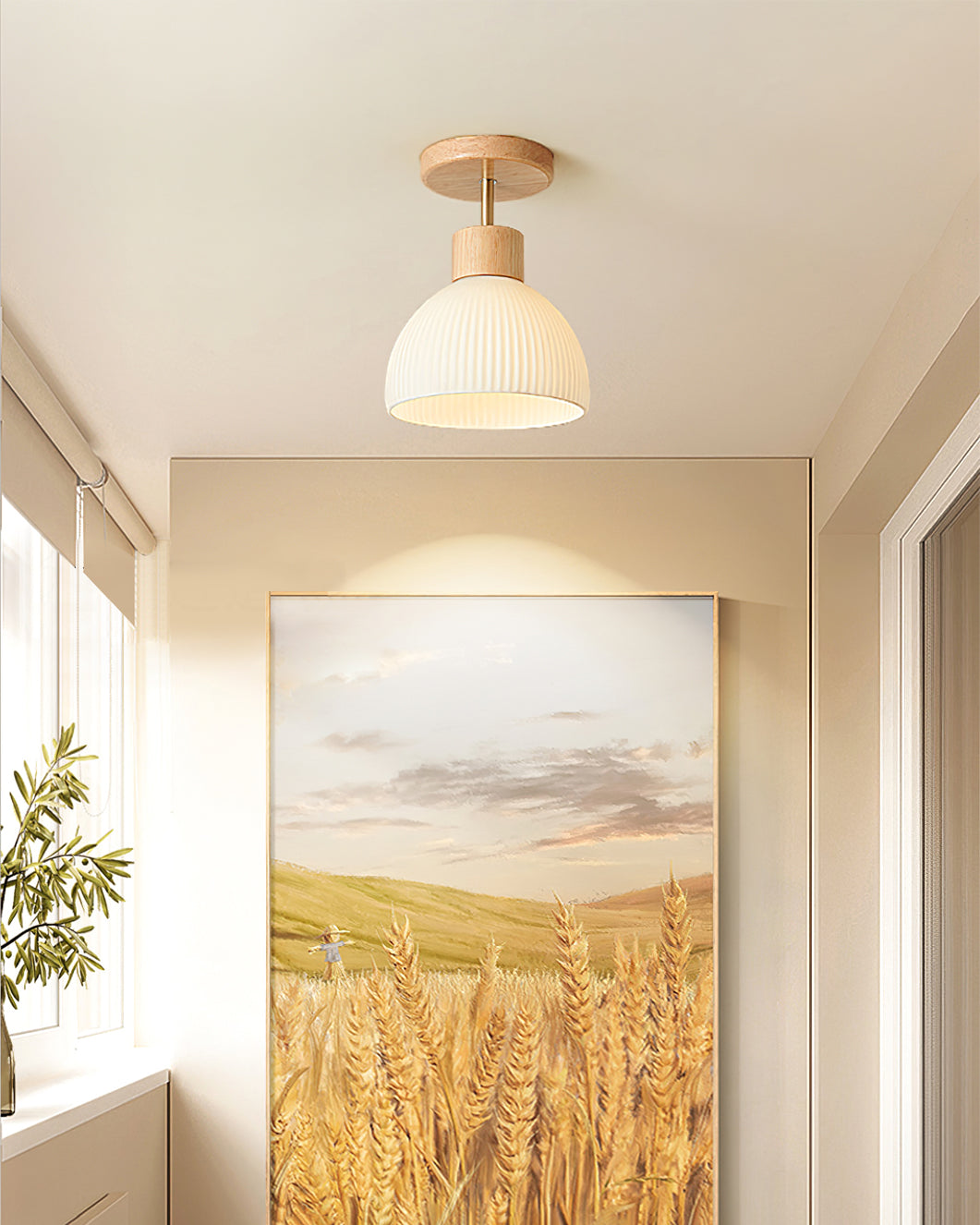 Lámpara de techo escandinava | Diseño de cúpula de madera y cristal