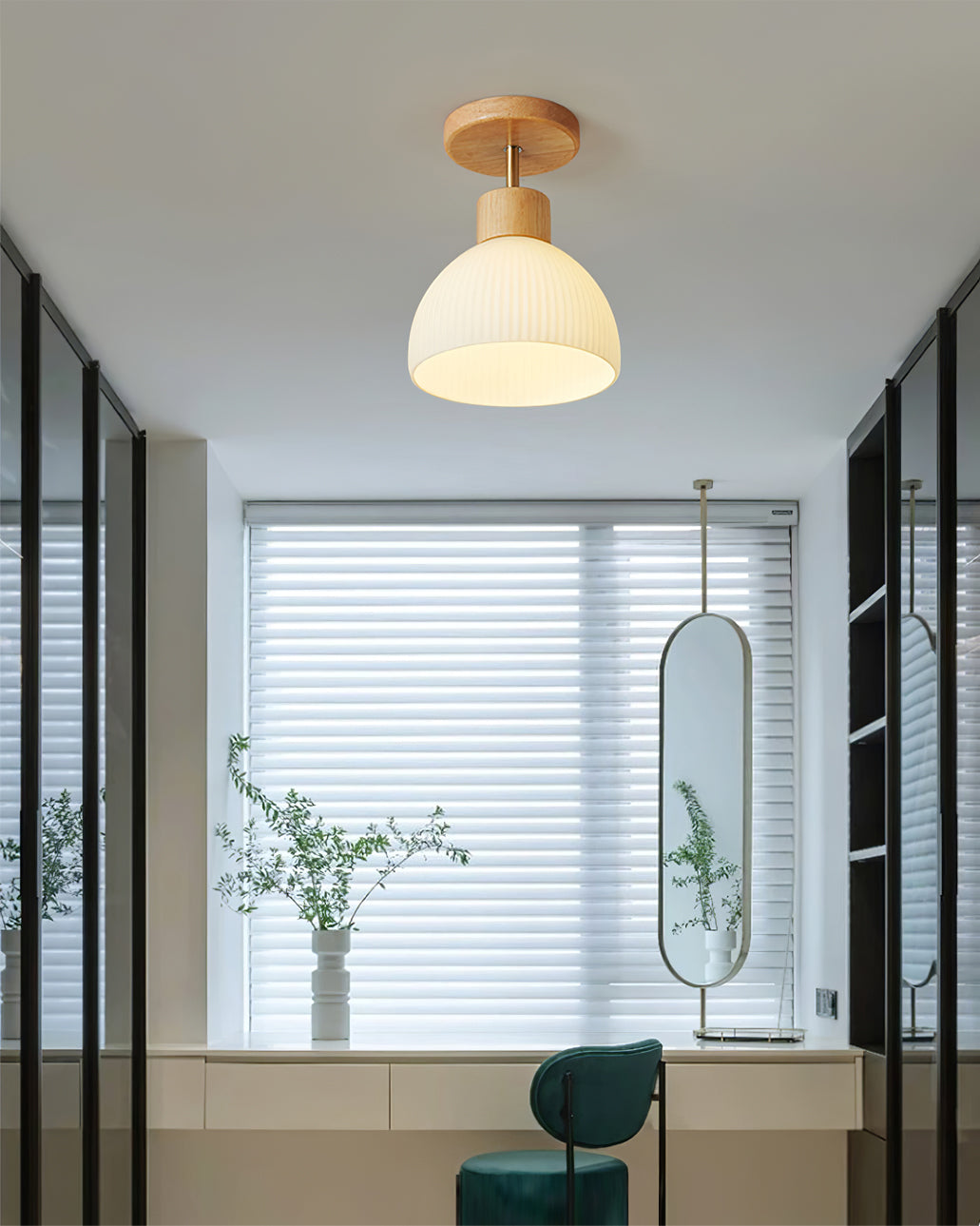Lámpara de techo escandinava | Diseño de cúpula de madera y cristal