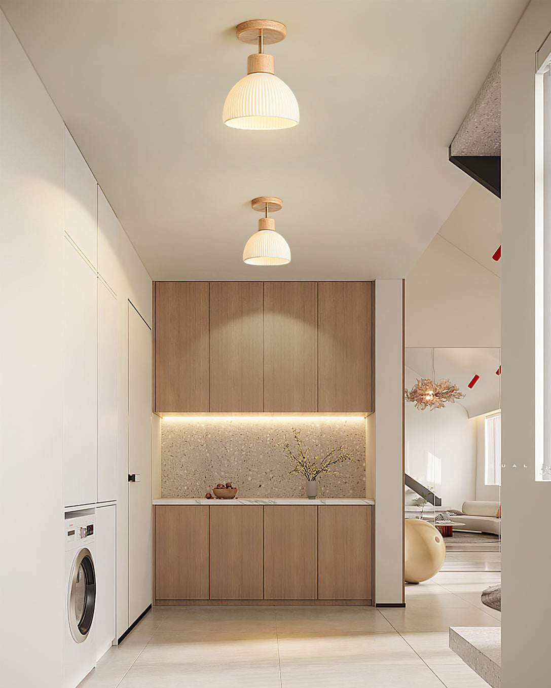 Lámpara de techo escandinava | Diseño de cúpula de madera y cristal