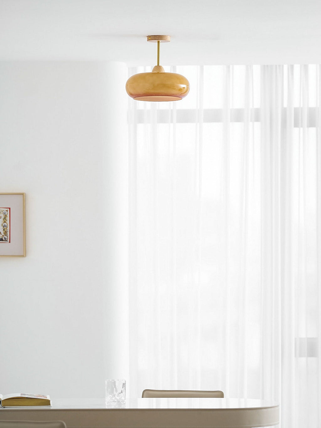 Lámpara de techo de cristal y madera, blanca y naranja, Ø28cm, para dormitorio o comedor, estilo Bauhaus, vintage, iluminación ambiental retro de