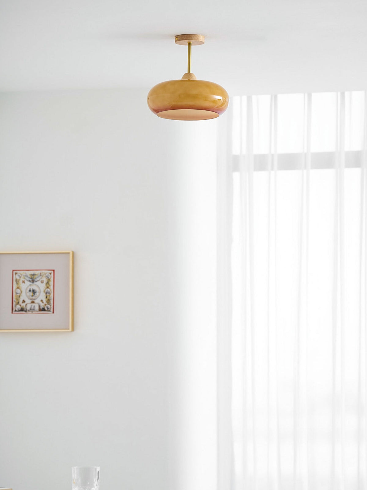 Lámpara de techo de cristal y madera, blanca y naranja, Ø28cm, para dormitorio o comedor, estilo Bauhaus, vintage, iluminación ambiental retro de