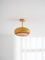 Lámpara de techo de cristal y madera, blanca y naranja, Ø28cm, para dormitorio o comedor, estilo Bauhaus, vintage, iluminación ambiental retro de