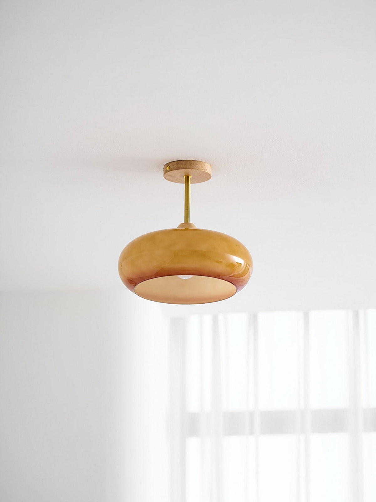 Lámpara de techo de cristal y madera, blanca y naranja, Ø28cm, para dormitorio o comedor, estilo Bauhaus, vintage, iluminación ambiental retro de