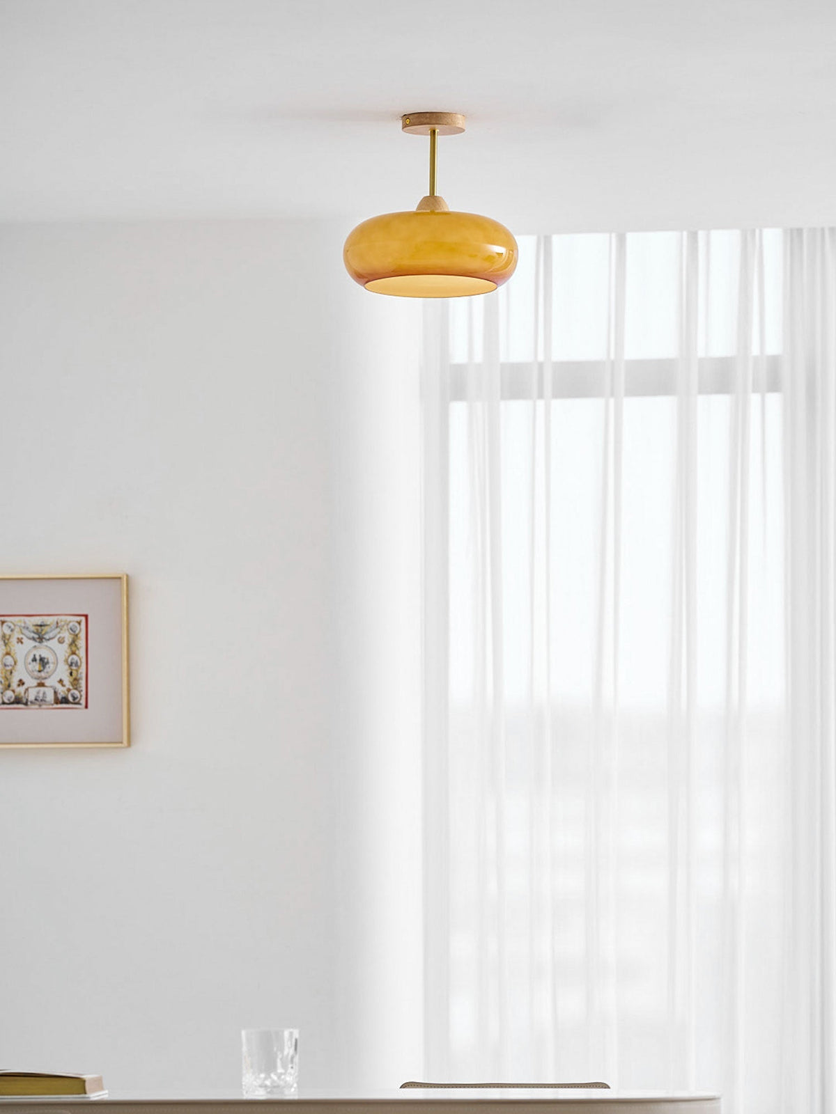 Lámpara de techo de cristal y madera, blanca y naranja, Ø28cm, para dormitorio o comedor, estilo Bauhaus, vintage, iluminación ambiental retro de