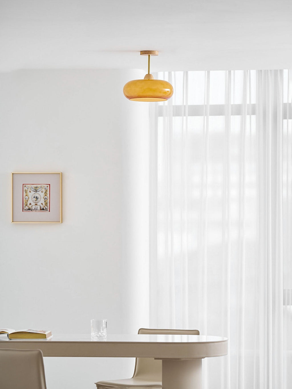 Lámpara de techo de cristal y madera, blanca y naranja, Ø28cm, para dormitorio o comedor, estilo Bauhaus, vintage, iluminación ambiental retro de