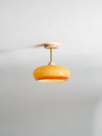 Lámpara de techo de cristal y madera, blanca y naranja, Ø28cm, para dormitorio o comedor, estilo Bauhaus, vintage, iluminación ambiental retro de