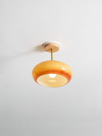 Lámpara de techo de cristal y madera, blanca y naranja, Ø28cm, para dormitorio o comedor, estilo Bauhaus, vintage, iluminación ambiental retro de