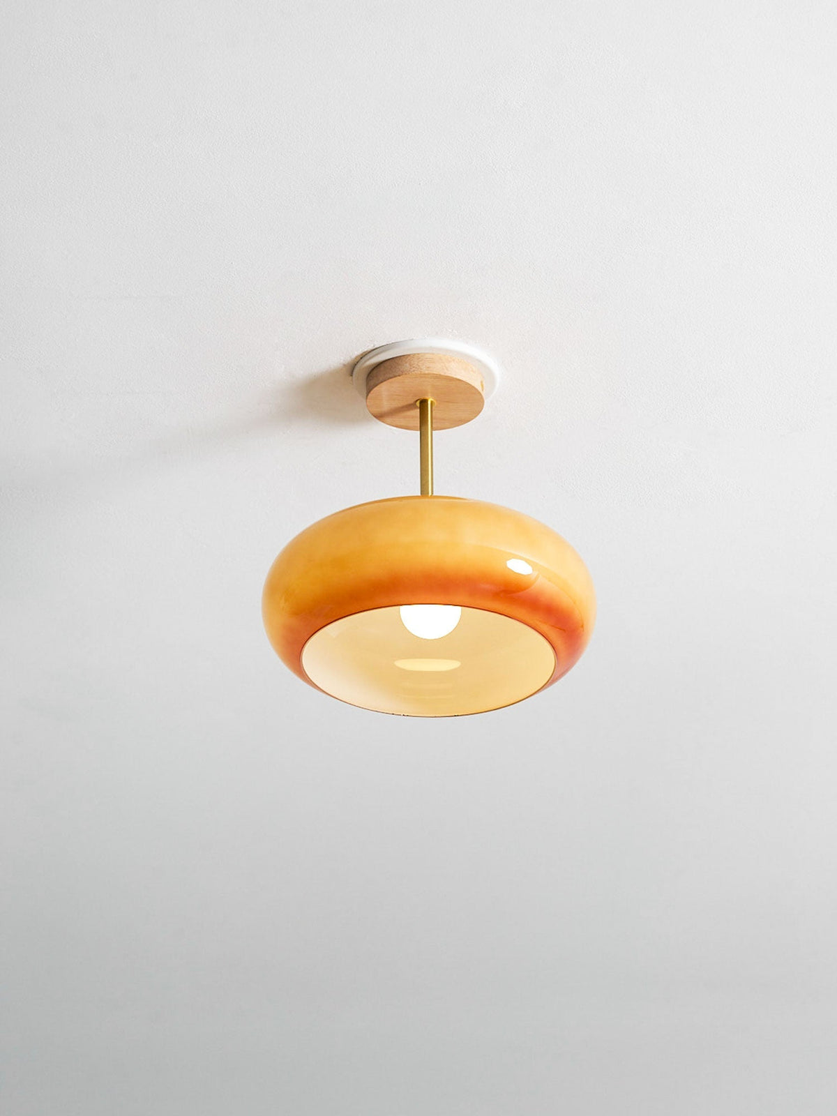 Lámpara de techo de cristal y madera, blanca y naranja, Ø28cm, para dormitorio o comedor, estilo Bauhaus, vintage, iluminación ambiental retro de
