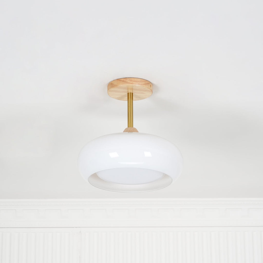 Lámpara de techo de cristal y madera, blanca y naranja, Ø28cm, para dormitorio o comedor, estilo Bauhaus, vintage, iluminación ambiental retro de