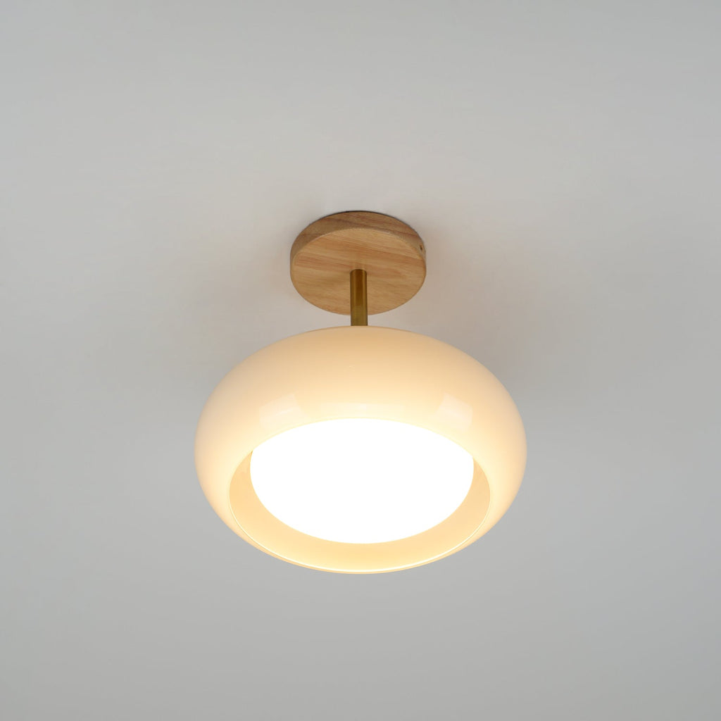 Lámpara de techo de cristal y madera, blanca y naranja, Ø28cm, para dormitorio o comedor, estilo Bauhaus, vintage, iluminación ambiental retro de