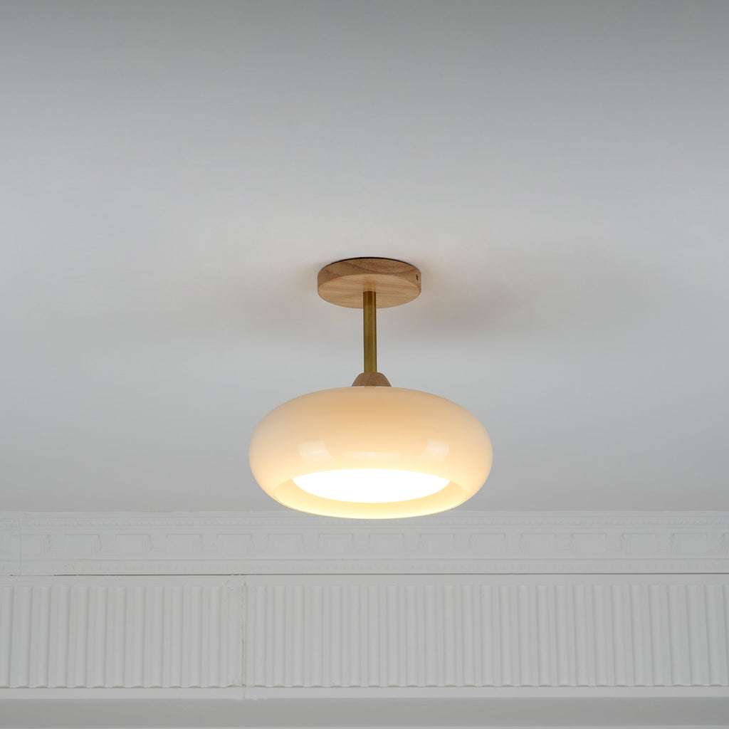 Lámpara de techo de cristal y madera, blanca y naranja, Ø28cm, para dormitorio o comedor, estilo Bauhaus, vintage, iluminación ambiental retro de