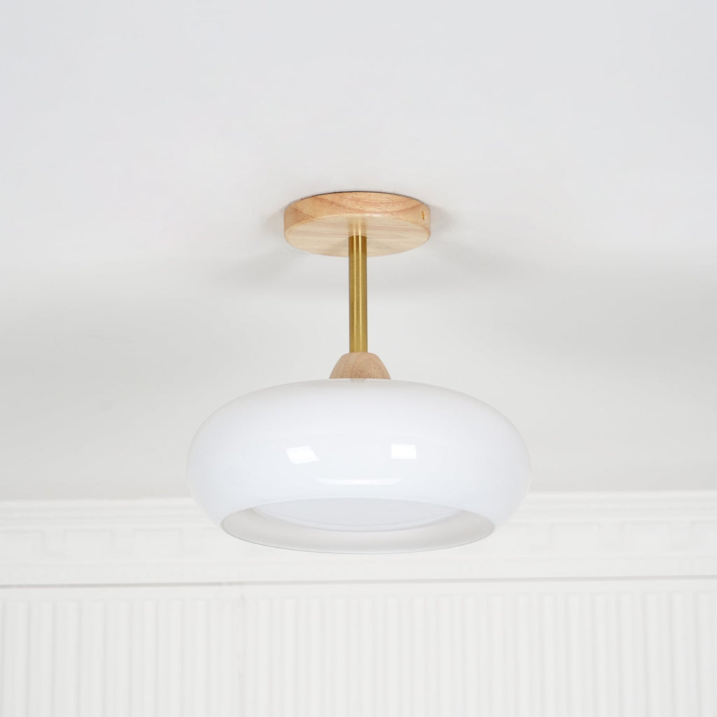 Lámpara de techo de cristal y madera, blanca y naranja, Ø28cm, para dormitorio o comedor, estilo Bauhaus, vintage, iluminación ambiental retro de