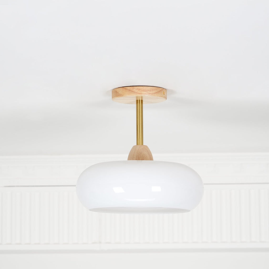 Lámpara de techo de cristal y madera, blanca y naranja, Ø28cm, para dormitorio o comedor, estilo Bauhaus, vintage, iluminación ambiental retro de