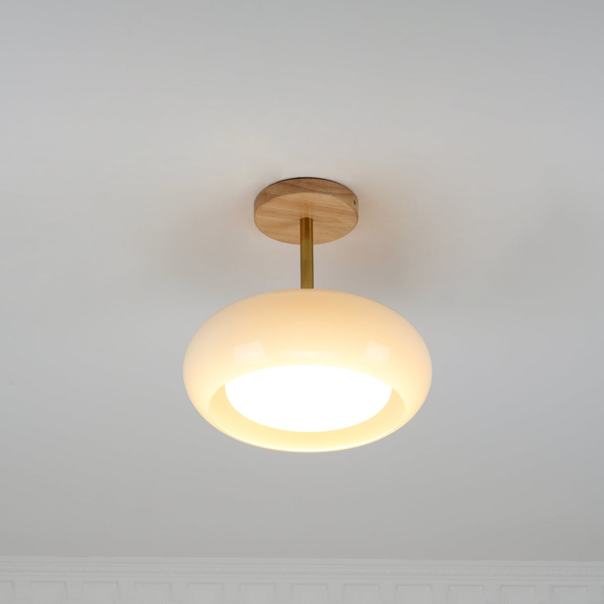 Lámpara de techo de cristal y madera, blanca y naranja, Ø28cm, para dormitorio o comedor, estilo Bauhaus, vintage, iluminación ambiental retro de