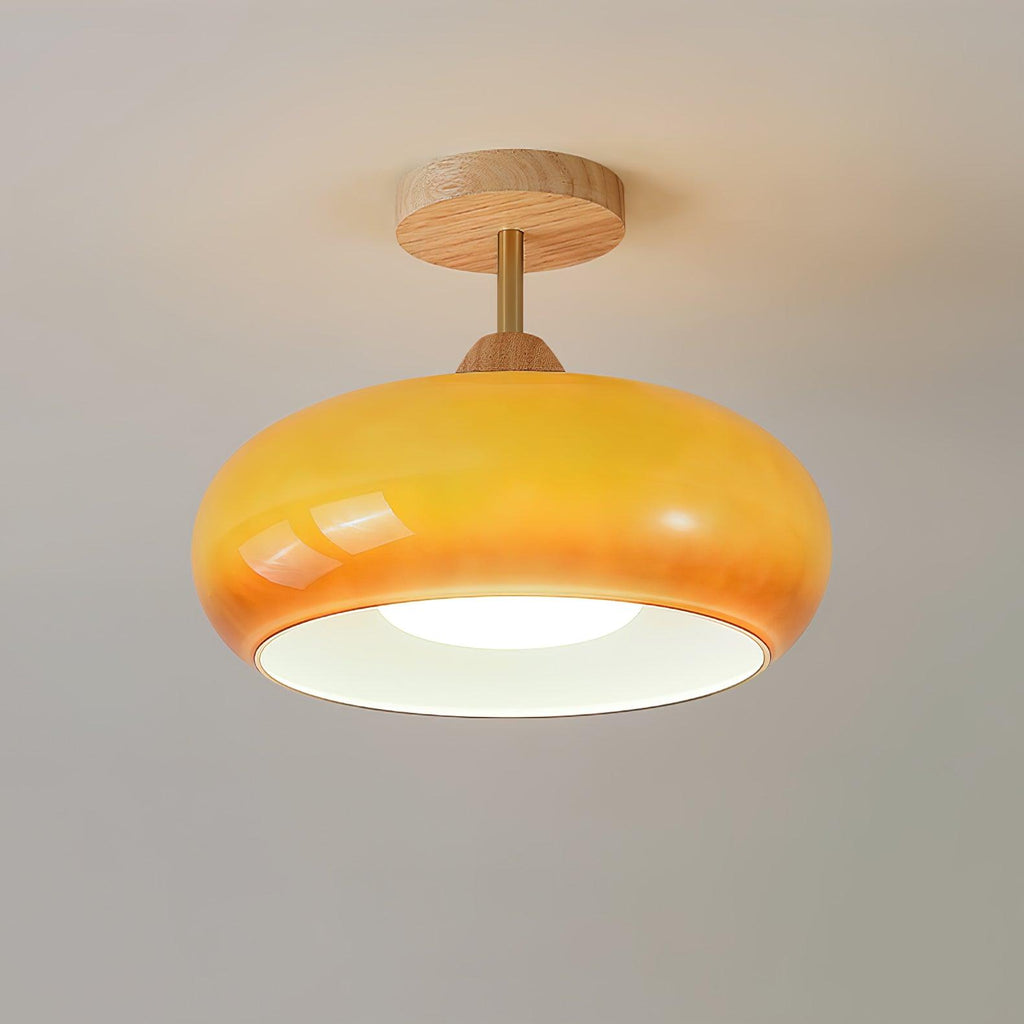 Lámpara de techo de cristal y madera, blanca y naranja, Ø28cm, para dormitorio o comedor, estilo Bauhaus, vintage, iluminación ambiental retro de