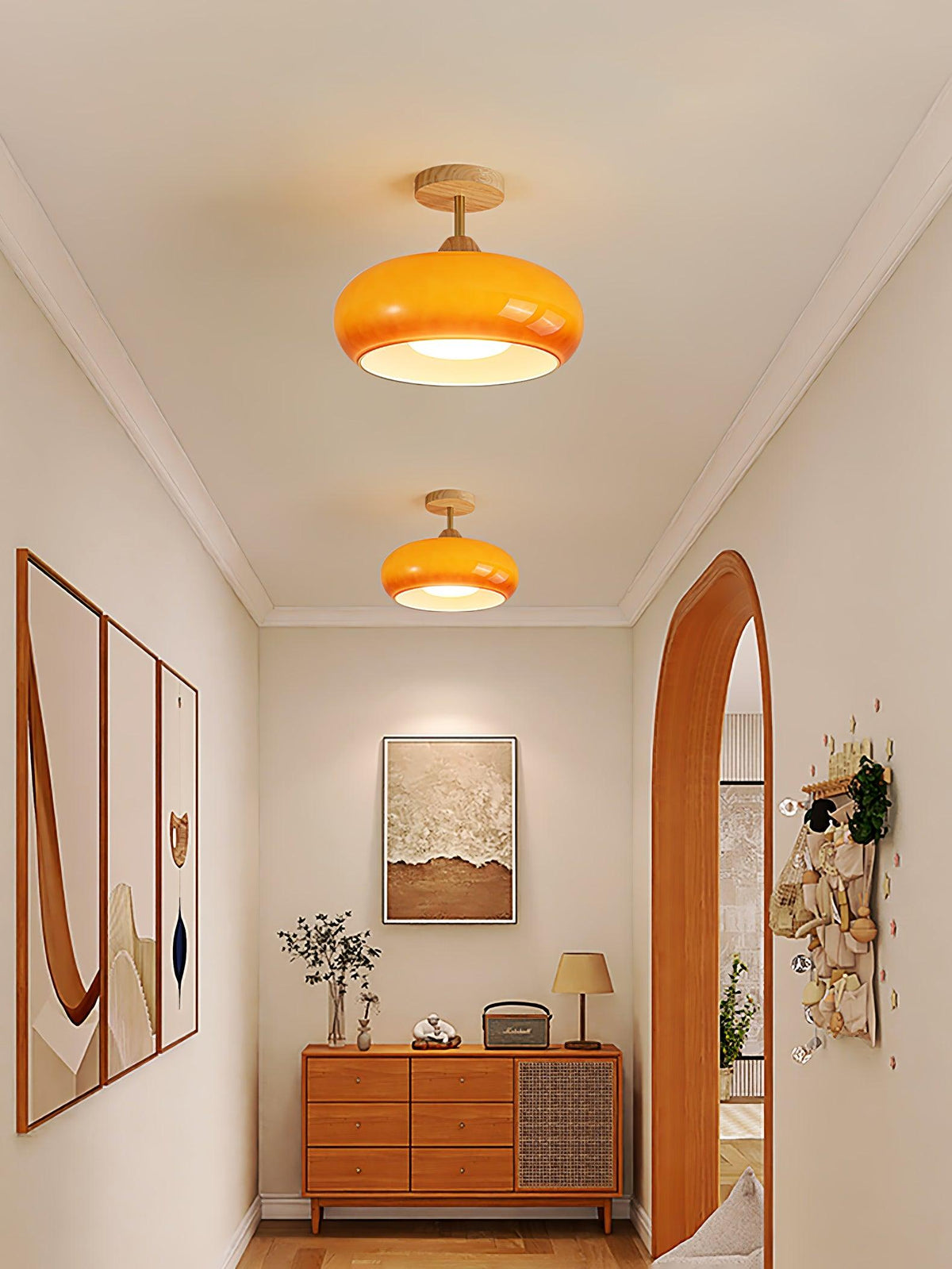 Lámpara de techo de cristal y madera, blanca y naranja, Ø28cm, para dormitorio o comedor, estilo Bauhaus, vintage, iluminación ambiental retro de