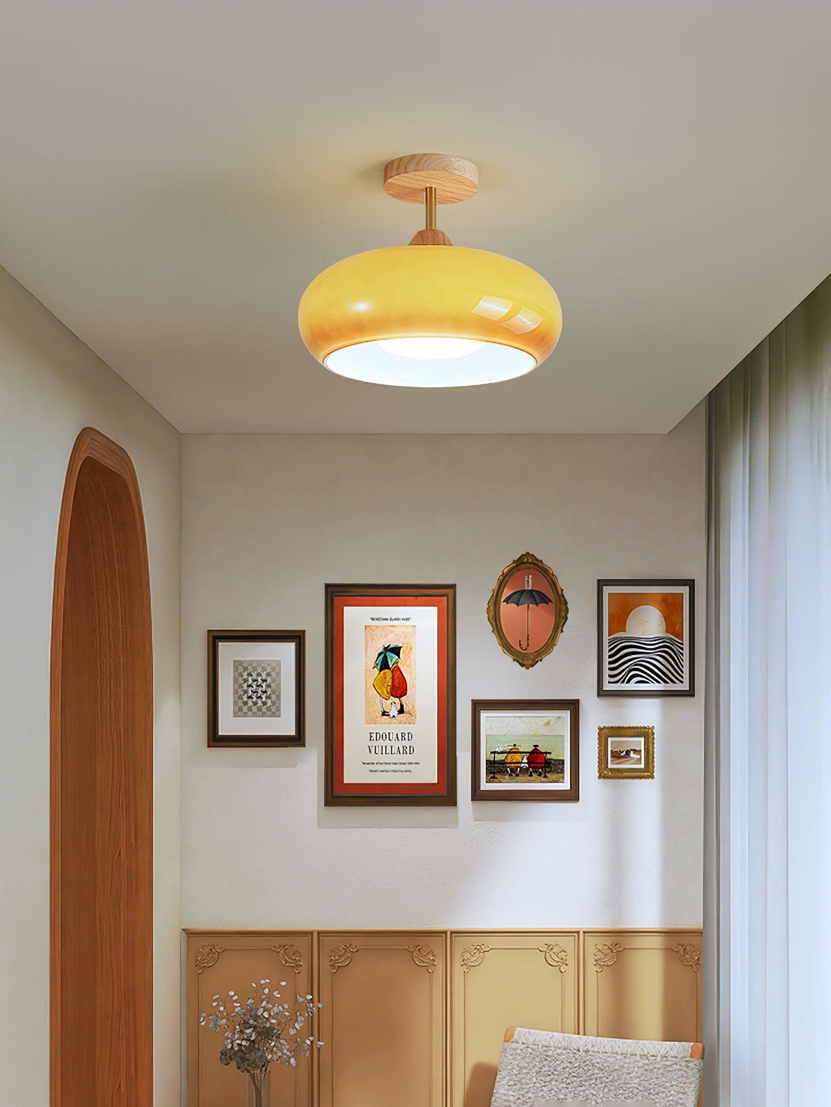 Lámpara de techo de cristal y madera, blanca y naranja, Ø28cm, para dormitorio o comedor, estilo Bauhaus, vintage, iluminación ambiental retro de