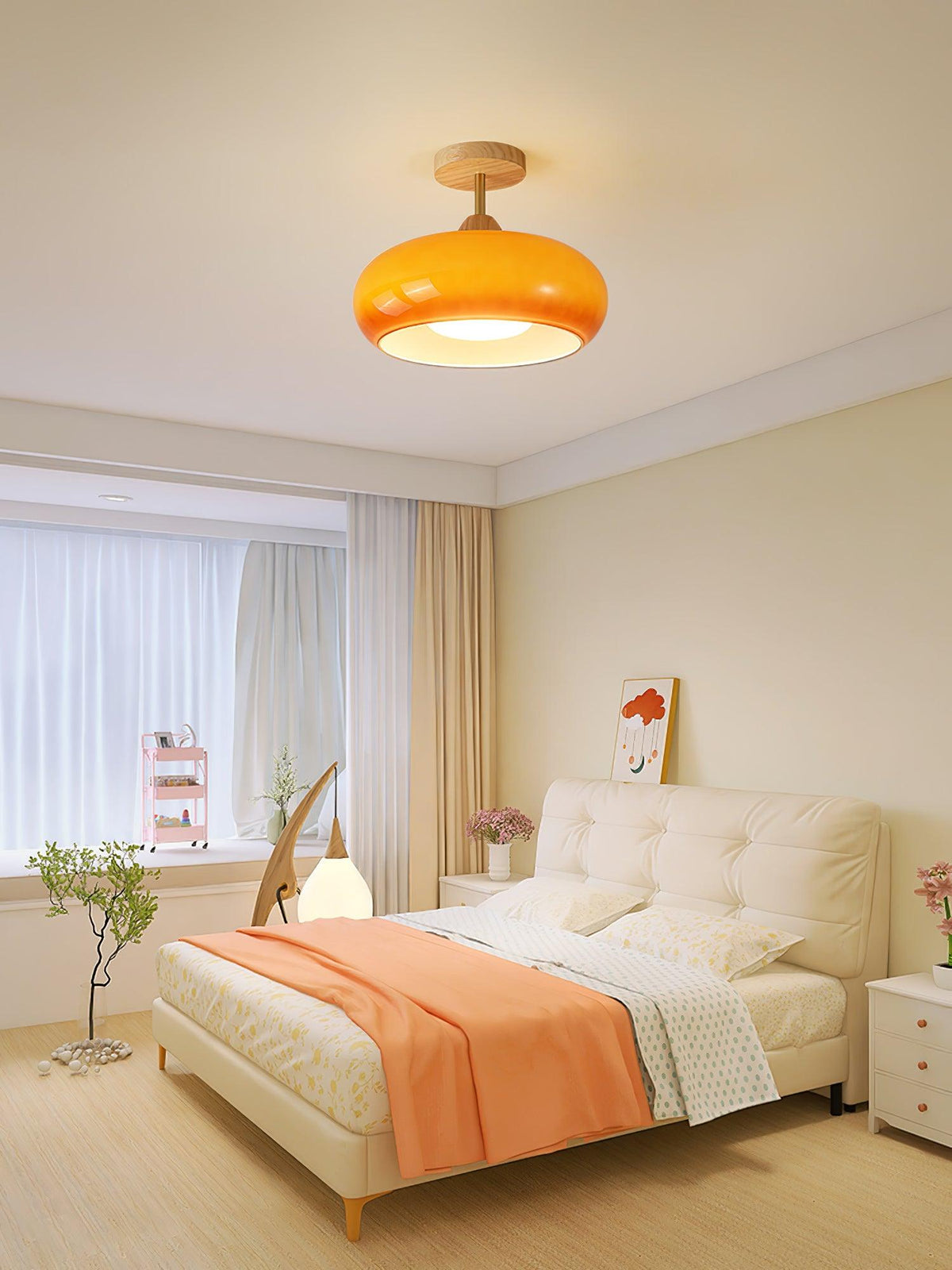 Lámpara de techo de cristal y madera, blanca y naranja, Ø28cm, para dormitorio o comedor, estilo Bauhaus, vintage, iluminación ambiental retro de